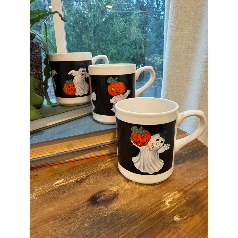 Vintage Halloween Ghost Pumpkin Coffee Mug Set 3 Ceramic Jack O Lantern Spooky